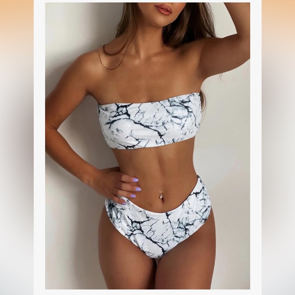 Zaful Bikini Set Two Pieces Marble Bandeau Swimsuit High Waisted. 
Size M